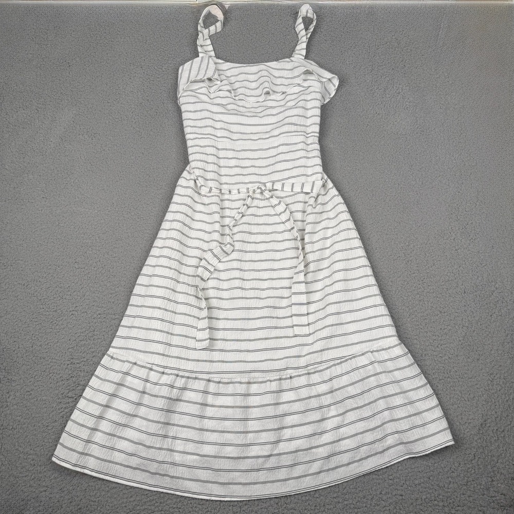 Banana Republic Dress Womens 6 White Navy Stripe Ruffle Midi Coastal Nautical
